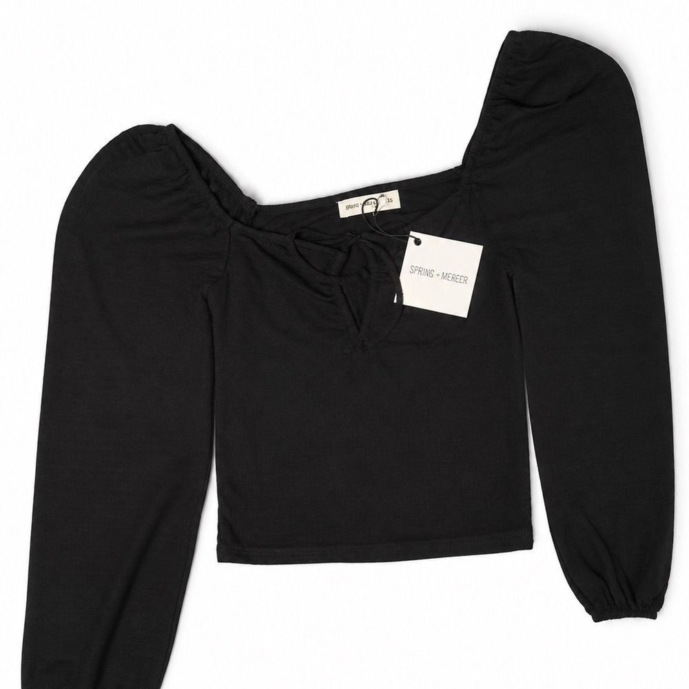 Spring + Mercer Black Square Neck Tie Front Crop Top Long Puff Sleeve